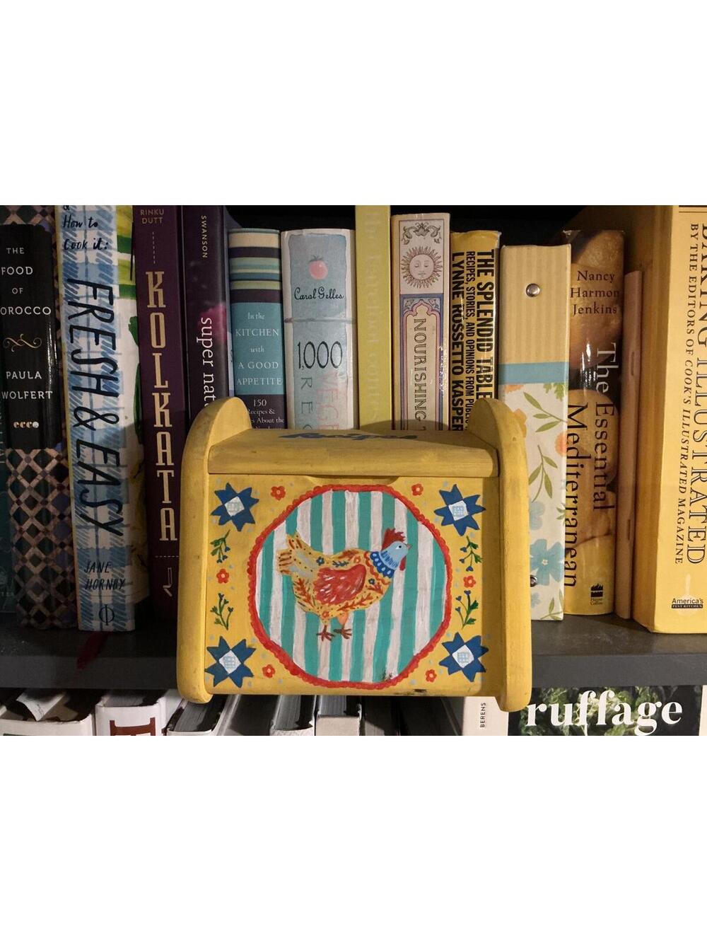 Vintage Wooden Recipe Box with Hand-Painted Chicken Folk Art Design